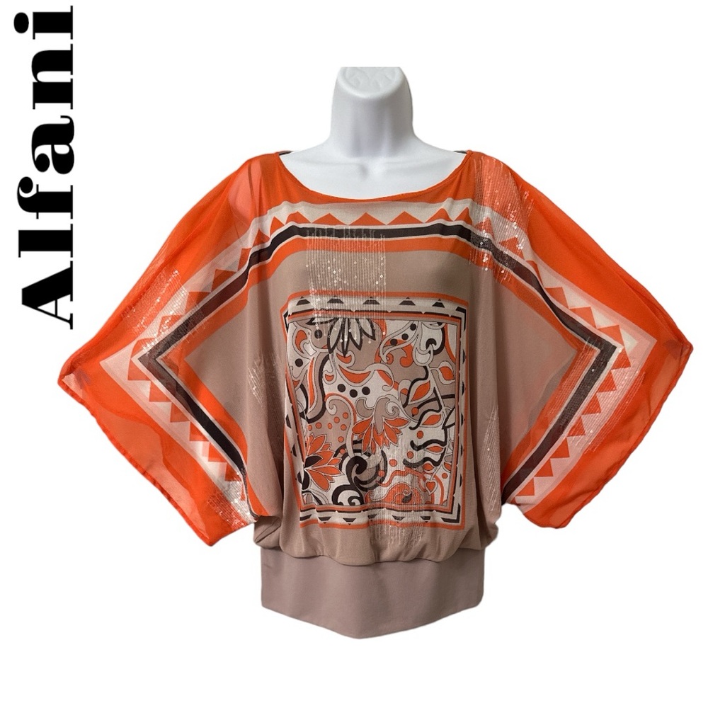 Alfani top size small with banded bottom and sequins ,orange ,tan, brown ,cream
